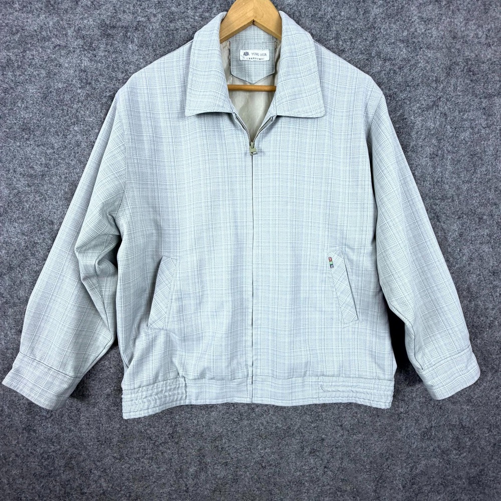 YONG HUA Harrington Jacket Mens L Gray Plaid Vintage 90s Retro Full Zip Grandpa